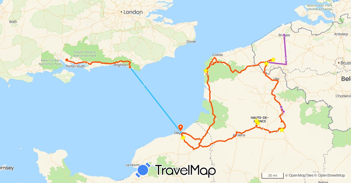 TravelMap itinerary: driving, train, boat, 'madge' in Belgium, France, United Kingdom (Europe)