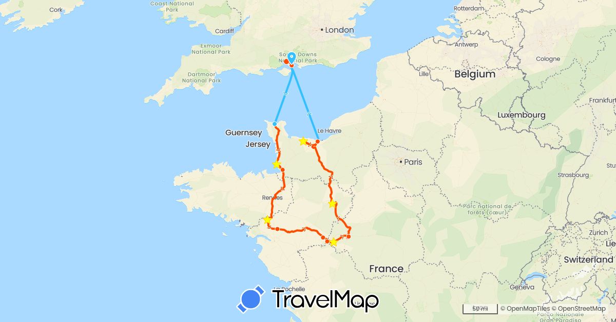 TravelMap itinerary: driving, boat, 'madge' in France, United Kingdom (Europe)