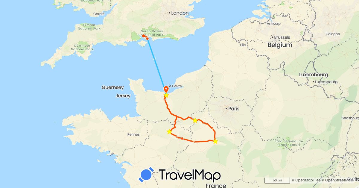 TravelMap itinerary: driving, boat, 'madge' in France, United Kingdom (Europe)