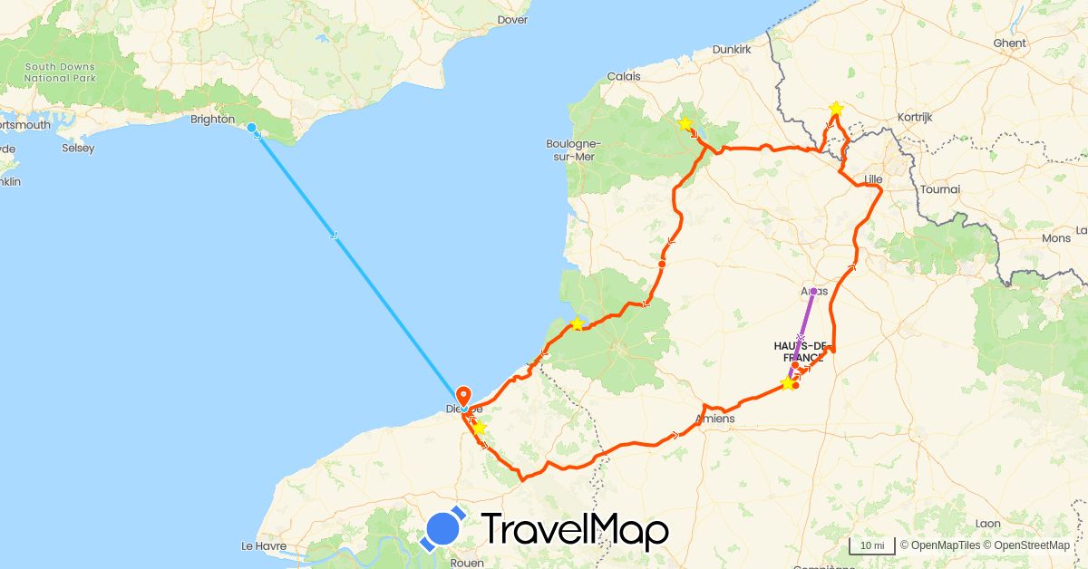 TravelMap itinerary: driving, train, boat, 'madge' in Belgium, France, United Kingdom (Europe)