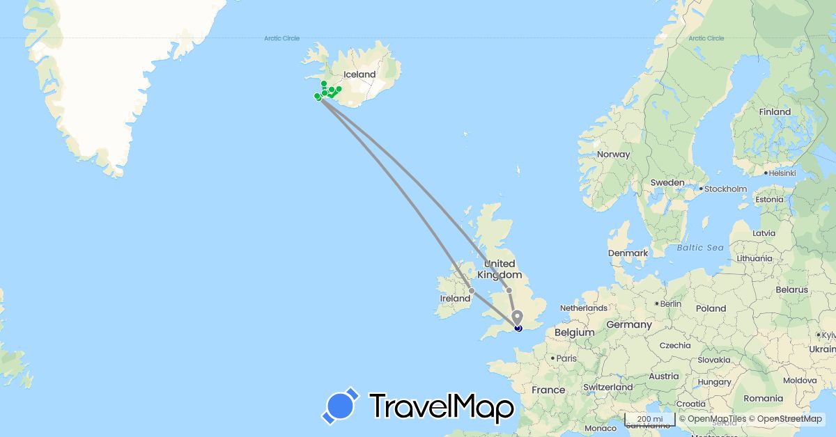 TravelMap itinerary: driving, bus, plane in United Kingdom, Ireland, Iceland (Europe)